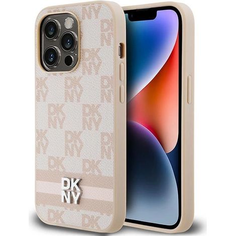 Custodia rigida DKNY DKHCP14LPCPTSSP per iPhone 14 Pro 6.1, colore rosa/rosa, in pelle con motivo a quadri monocromatico e strisce stampate. (1/5)