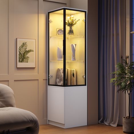 Vetrina angolare - 40 x 40 x 160 cm - illuminazione led con controllo app, porte in vetro temperato, telaio in alluminio - stile moderno - pannello truciolare - bianco