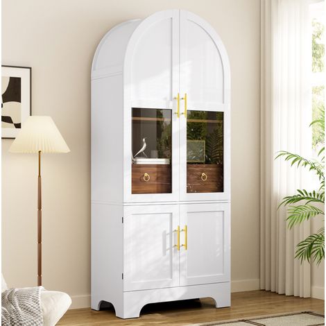 MODFU – Meuble colonne 76x40x180 cm MDF – 4 portes vitrées et tiroir – LED et charge 50 kg – Salon – Blanc (1/5)