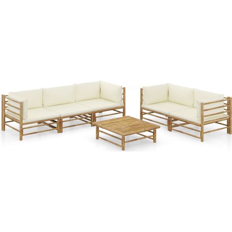 Salon de jardin 6 pcs Ensemble Table et Chaise de Jardin - avec coussins blanc crème Bambou BV422301 - BonneVie (1/5)