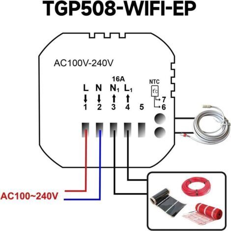 NALOOKAMIC Thermostat chauffage au sol WiFi intelligent, compatible Tuya/Google Home/Alexa, avec capteurs externes 16A TGP508WIFI-EP