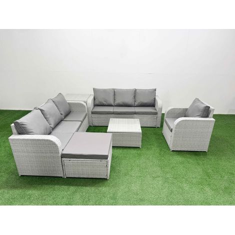 Fimous 8 Seater Poly Rattan Outdoor Garden Furniture Square Coffee Table Sofa Set Patio 3 Seater Sofa Reclining Chair 3 Seater Sofa Big Footstool Side Table Light Grey (1/4)