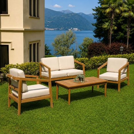 Salotto da giardino moderno Riace in teak FSC e cuscini écru