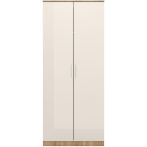 ELEGANT 2 Doors High Gloss Wardrobe with Soft Close Hinge Bedroom Furniture Set with Hanging Rod and Storage Shelves Cream/oak (1/5)