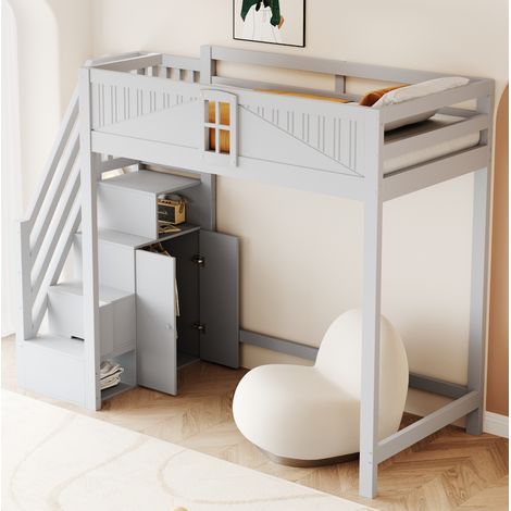 Lit mezzanine en bois massif gris 90x200 cm avec échelle réversible et rangements latéraux (1/5)