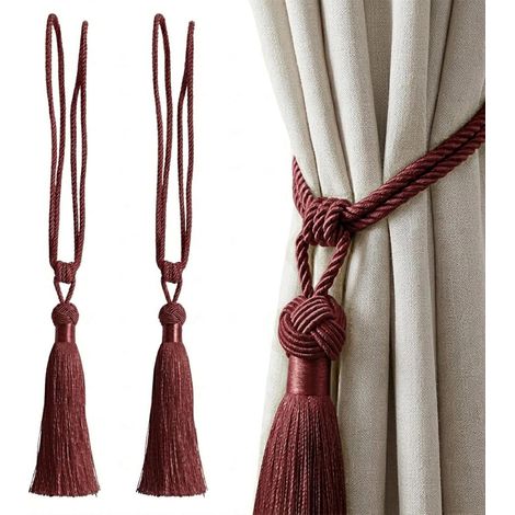 Lot de 2 embrasses de rideaux – 9 options de couleur – embrasses en corde tressée nouée faites à la main – Embrasses décoratives de style européen pour fenêtres de maison et bureau (bordeaux) (1/5)