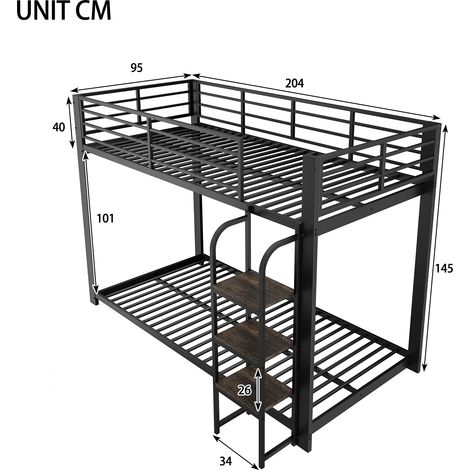Lit mezzanine 90x200 cm en métal avec étagères et marches en bois, lit superposé sécurisé pour enfants et adolescents noir sans matelas (1/5)