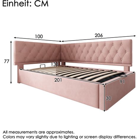 Lit de jour rembourré 90×200cm rose velours,rangement hydraulique,base lattes bois,lit jeunesse sans matelas (1/5)
