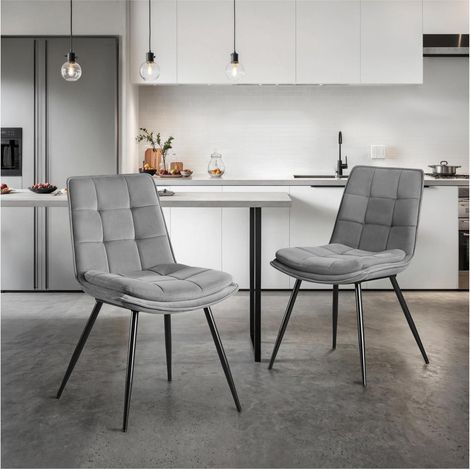 2er Set Esszimmerstühle Samt Grau mit Rückenlehne und Ziersteppung (1/5)