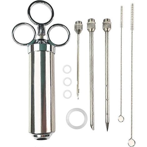 Seringue à marinade pour épices barbecue, 60 ml, en acier inoxydable, avec brosse de nettoyage et 3 aiguilles à marinade (argentée) (1/5)