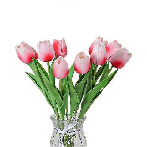 Lot de 10 fleurs artificielles avec tige, réalistes, pour mariage, maison ou bureau, centre de table, tulipes, fausses branches, composition florale.rose foncé (1/5)