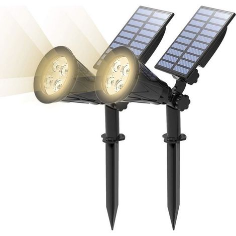 [2 Pack LED Solaire Projecteur, Lampe Solaire de 4 LED, Étanche Extérieur Lampe Jardin,Éclairage de Sécurité(Blanco Naturel 4000K (1/5)