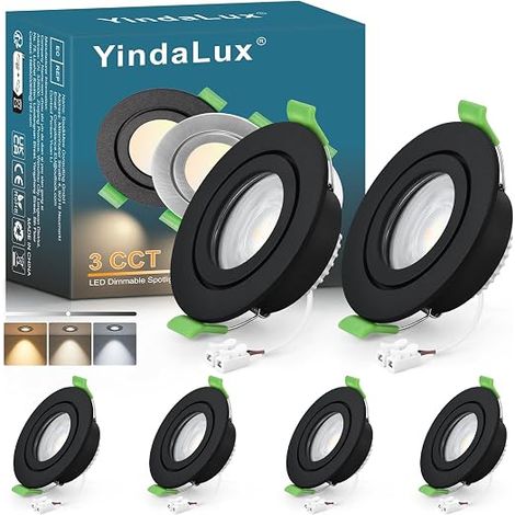 YindaLux Recessed LED Spotlight 230V IP65 Dimmable 2700K/4000K/6000K, GU10 Recessed Frame Spotlight Incl.5W LED Module, Matt Black Flat Round Bathroom Spotlights 68 mm Hole for Outdoor-Indoor Use (1/5)