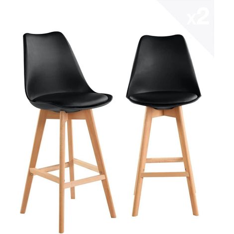 Ensemble de 2 chaises de bar scandinaves, assise large et confortable avec coussin intégré en similicuir, hauteur d'assise 70 cm, pieds en bois de hêtre Tika (blanc) (1/5)