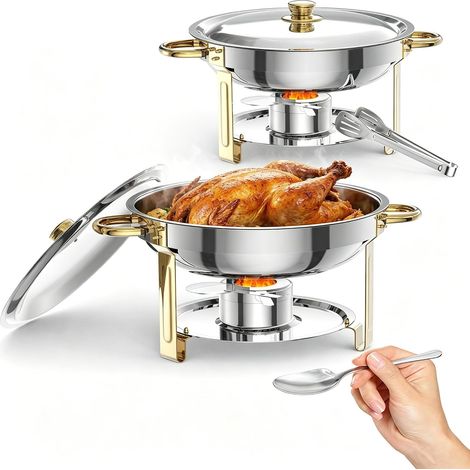Lot 2 chauffe-plats rond 4,73 L doré acier inox certifié NSF pour banquet et traiteur (1/5)