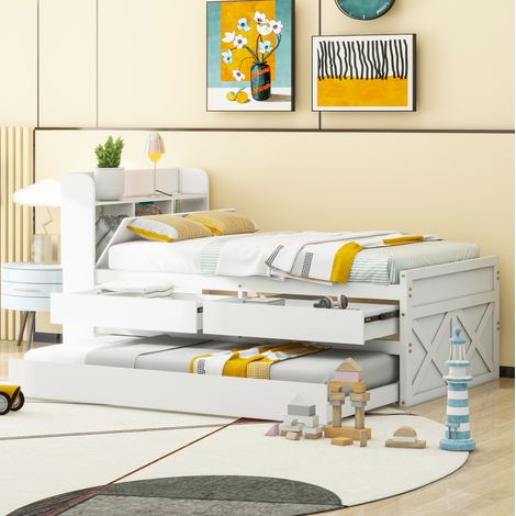 MEUBLIV Lit 90x190 cm blanc – lit gigogne, tiroirs, USB et tête de lit, sans matelas (1/5)