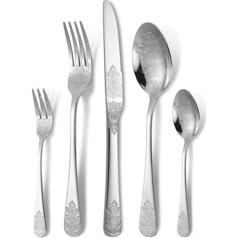 Set di posate in acciaio inox da 20 pezzi con motivo floreale, comprensivo di forchette, cucchiai e coltelli. Stile vintage, finitura lucida a specchio, adatte all'uso in cucina, lavabili in lavastovi