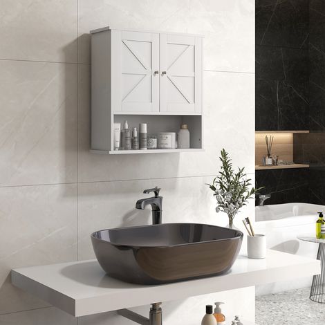 Armario de Baño de Pared Mueble de Baño Colgar Rústico con Compartimento Estante Ajustable 2 Puertas Blanco (1/5)