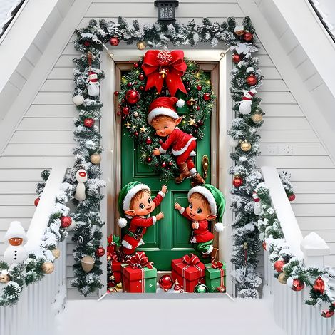 Nouveau rideau de porte de Noël, décoration pour les fêtes de famille, rideau de porte, tissu pour suspendre un drapeau, drapeau d'extérieur - 90 x 180 cm (perforé + ruban) - 22