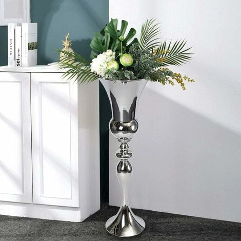 Jarrón de suelo, jarrón para flores, jarrón grande de metal, jarrón tipo cuenco, jarrón de mesa de hierro, jarrón decorativo, jarrón moderno de plata, estilo rústico, plata, 74 cm