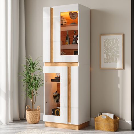 MODFU – Vitrine 60x40x180 cm panneaux particules – 2 portes vitrées et LED par app – Étagères verre et charge 45 kg – Salon – Blanc (1/5)