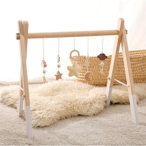 Arche de Jeu Bébé Bois Baby Gym Bois Arche de Jeu Bébé Nouveau né Jouet Arche de Jeu Centre d Activité Bébé Beige Etoiles Design (1/4)