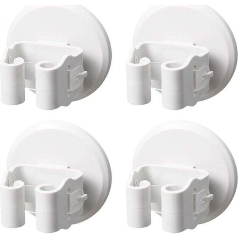 4-Piece Broom Holder, Self-Adhesive Mop Rack, No Drilling Required, Wall Mount for Kitchen, Bathroom, Garage, Garden, Storage Organizer, White