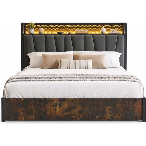 Lit coffre 160x200 avec tête de lit LED RGBW app-control, prises et USB, sommier à lattes en bois, rangement sous lit, tissu gris, chambre adulte CHICFURN (1/5)