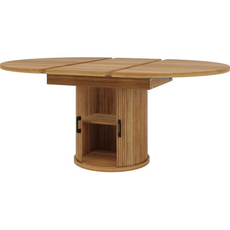 Table à manger ronde extensible en MDF effet noyer 118-158 cm, avec rangement intégré, adaptative pour cuisine et balcon (1/5)
