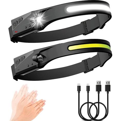 2 Stück Stirnlampe LED Wiederaufladbar, Headlamp LED Sensor Stirnlampe , USB Joggen Kopflampe, 230 °Flutlicht mit 5 Lichtmodi für Angeln, Camping, etc (1/5)