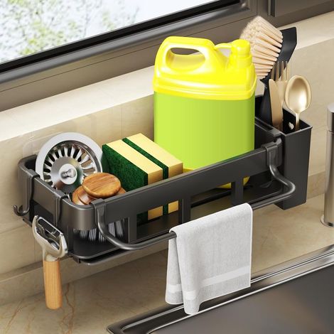 Organisateur d'évier multifonction – Support de rangement grande capacité et antirouille pour éponges, torchons, brosses à vaisselle, détergent et savon. (1/5)