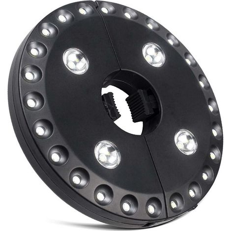 Lampe parapluie LED, 28 LED, 3 niveaux de luminosité, fixation pour mât de 2,2 à 4,5 cm, 4 piles AA (1 pièce) (1/5)