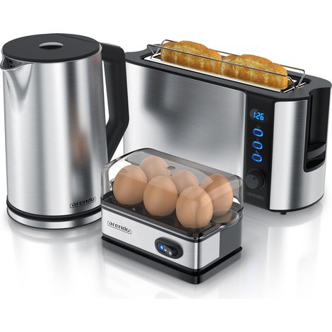 Arendo Frühstücksset 3-teilig, 2-Scheiben Toaster, 6er Eierkocher, Wasserkocher 1,5L, Silber (1/5)