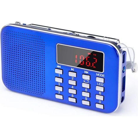 J-908 Tragbares AM/FM-Radio, kleines wiederaufladbares tragbares Radio mit 1200-mAh-Akku, Transistorradio mit Notbeleuchtung, Mini-USB/SD/AUX (Blau) (1/4)