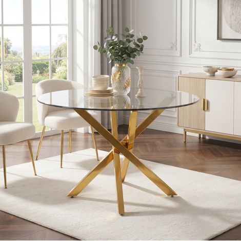 Runder Esstisch 80 x 80 x 75 cm aus gehärtetem Glas mit goldenen Metallbeinen, modern (1/5)