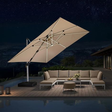 PURPLE LEAF parasol déporté carré 3,65 × 3,65 m, rotation 360°, double toit ventilé, panneau solaire intégré, 8 baleines LED en aluminium, pour jardin, cour et piscine, beige