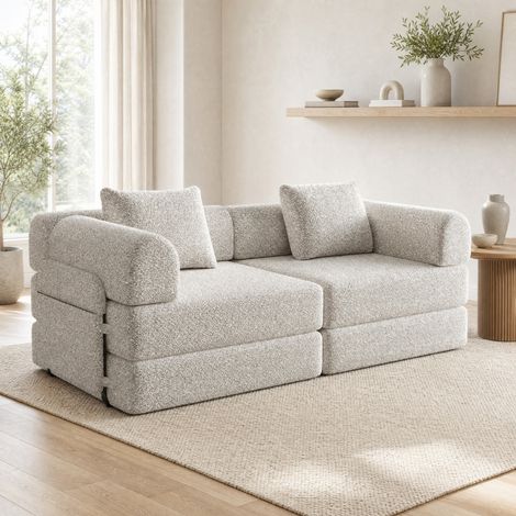 Divano letto 2-in-1 a 2 posti con bracciolo contenitore in chenille kaki HAVRYA (1/5)
