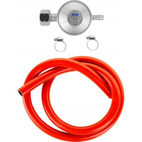 Riduttore di pressione per bombole da 11 kg, tubo flessibile da 1 m, fascette. (1/2)