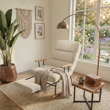 Fauteuil à Bascule, Chaise Relax en Tissu Peluche, Dossier Inclinable 4 Positions, pour Salon, Chambre, Bois, Marron (1/5)