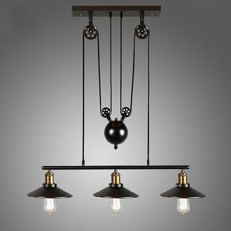 3 Lichter Industrielle Pendelleuchte Retro Riemenscheibe aufgehängt Rise Fall Hängelampe E27 Höhenverstellbar für Kitchen Bar Flur Esszimme - Schwarze