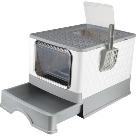 Bac à Litière Fermé pour Chat, Maison de Toilette, Plateau Amovible, Pelle, pour Grand Chat, Capacité de Charge 15 kg, Anti-Traces, Anti-fuites, Gris