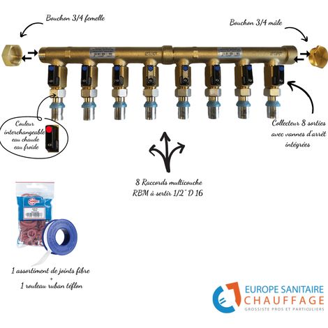 Collecteur 8 sorties avec vannes intégrées – Raccords multicouche laiton nickelé – Entraxe 50 mm – Pression max 10 bars – Température max +95°C (1/2)