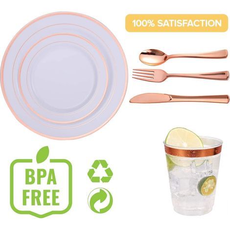 150 Pièces Vaisselle en Plastique Réutilisable en Or Rose, Assiettes Plates, Assiettes à Salade, Couteaux, Fourchettes, Cuillères, Tasses - 25 chacun pour Anniversaire Mariage Jardin Fête (1/5)