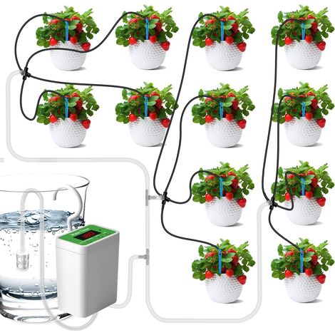 Kit de riego automático por goteo, 12 unidades Droparrow para plantas de interior, con pantalla LED y sistema de riego por goteo recargable por USB. (1/5)