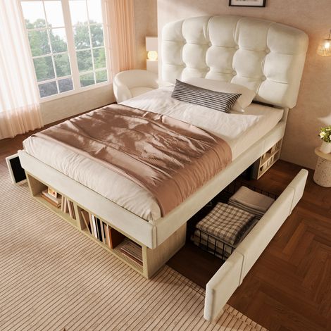 Lit simple capitonné 90x200 cm en velours avec sommier à lattes - Tête de lit réglable - Tiroirs de rangement - Beige sans matelas