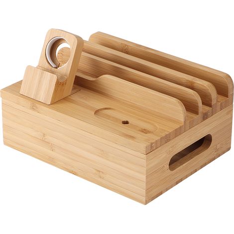 Support de rangement et de chargement en bambou pour téléphones portables et montres, idéal pour la maison ou le bureau. (1/5)