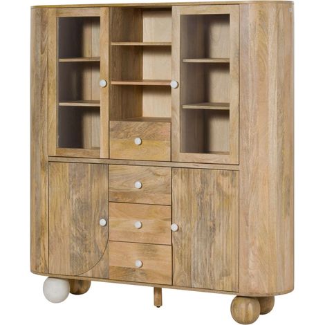 Highboard Mango 150x40x160 natur lackiert / Marmor weiß FLORENZ 127 (1/4)