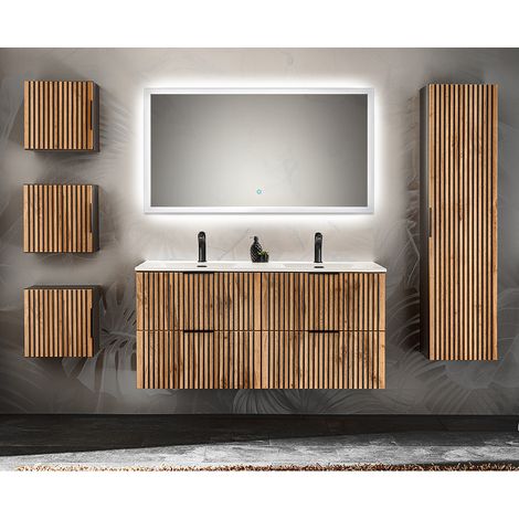 Badezimmer Komplett Set mit Doppelwaschtisch, Hängeschränken, Hochschrank XANTEN-56 in anthrazit mit Eiche Nb. schwarz gerillt, B/H/T: ca. 220/200/46 (1/5)