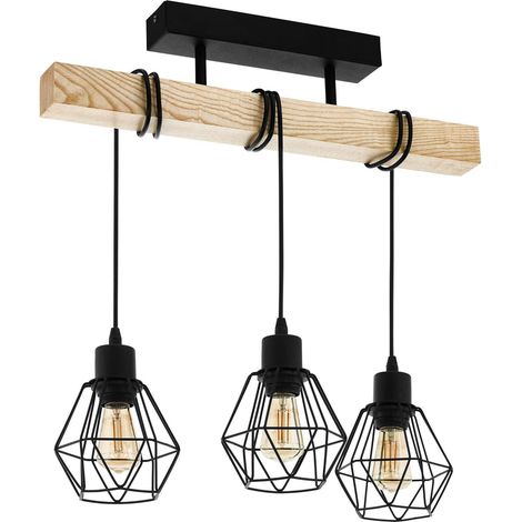 Suspension luminaire , lustre à 3 lampes, abat-jour suspendus au design vintage et industriel, éclairage rétro en acier noir et bois, douille E27 (1/4)