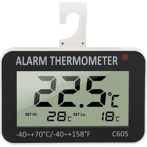 1 thermomètre numérique pour réfrigérateur, plage -40°C à +70°C, écran LCD grand format, alarme haute/basse température, fixation par crochet ou pose à plat (1/5)